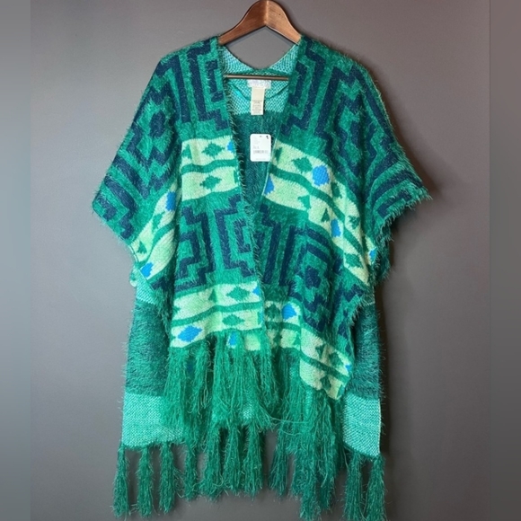 Free People Sweaters - Free People Poncho Green Aztec Sweater Cape One Size New with Tags